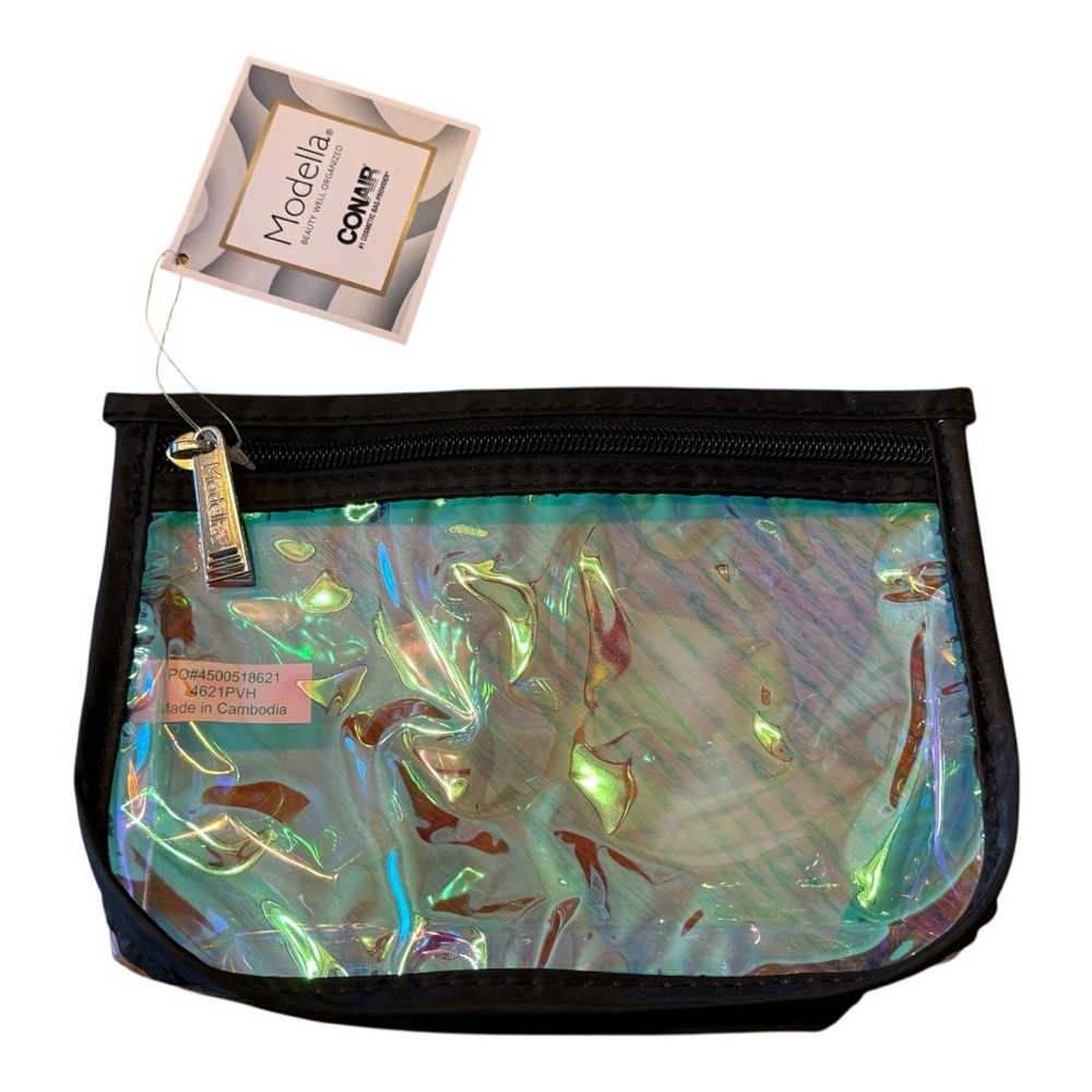 Modella Holographic Iridescent Cosmetic Bag with Black Trim, Makeup Bag, Pouch